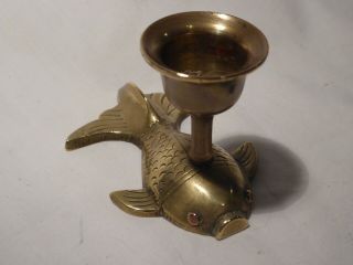 Small Unusual Brass Or Bronze Fish Candlestick Copper Eyes Mid Century Modern 3