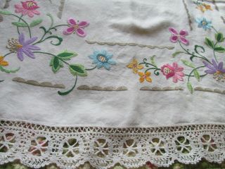 Vintage Hand Embroidered Linen Tablecloth - Exquisite Jacobean Style Crewel Work