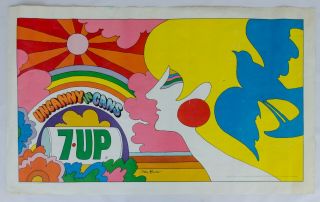 1969 59x35 " 7up Uncola " Uncanny In Cans " John Alcorn Poster Soda Sign Rainbow Ad