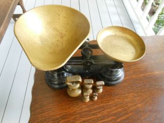 Vintage Cast Iron Balance Kitchen Scales With Brass Bell Weights From England