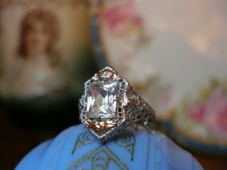 Antique 10k White Gold Filigree Roses White Sapphire Ring Esemco 1920 