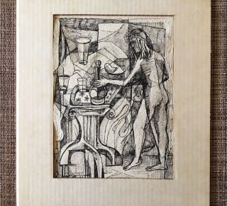 Vintage Mcm Abstract Figural Ink Drawing By Artist Philip North Circa 1940’s
