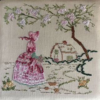 Vintage Hand Embroidered Picture Panel Crinoline Lady/lilac Blossom