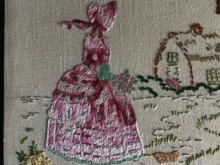 VINTAGE HAND EMBROIDERED PICTURE PANEL CRINOLINE LADY/LILAC BLOSSOM 2