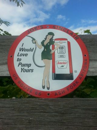 Vintage 1961 Sinclair Porcelain Sign Gas Station Oil Pump Route 66 Pin Up