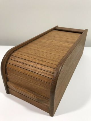 Vintage Mcm Kalmar Teak Wood Roll Top Tambour Storage Box Organizer Thailand