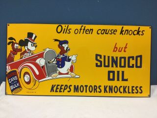 Vtg Sunoco Oil Porcelain Advertising Sign Disney Donald Duck Mickey Mouse Pluto