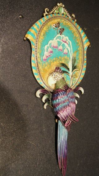Art Deco Style Hand Mirror Parrot Bird Crystal Colorful