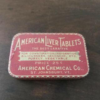 Vintage Pharmaceutical Medicine American Liver Tablets Tin Can St Johnsbury Vt