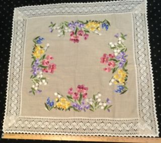 Antique Arts & Crafts Hand Embroidered Tablecloth 35” Sq.  Museum Qlty Exc Con Nr