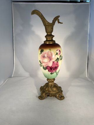 Antique Victorian Hand - Painted Glass And Metal Mantle Ewer Roses