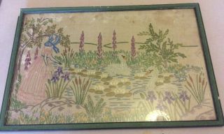 Vintage Embroidered Crinoline Lady Cottage Garden Picture With Defects