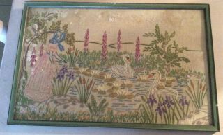 VINTAGE EMBROIDERED crinoline lady cottage garden picture With Defects 2