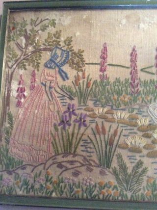 VINTAGE EMBROIDERED crinoline lady cottage garden picture With Defects 3