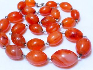 Chinese Vintage Art Deco Olive Beads Carnelian Sterling Silver Necklace,  94g