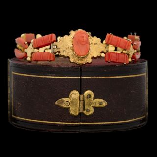 Antique Vintage Georgian 18k Gold Silver Carved Salmon Coral Etruscan Bracelet