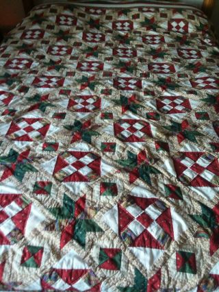 White,  Green & Red Mid - Century,  Custom Hand - Made Queen Sized Quilt