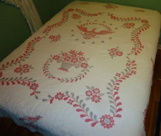 Vintage 1950s Handmade Cross Stitch Americana Eagle Crest Quilt Queen Red White