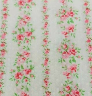 Vintage Flocked Fabric Pink Green Floral Stripes Cotton Dotted Swiss 1 Yd Total