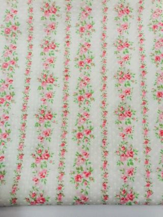 Vintage Flocked Fabric Pink Green Floral Stripes Cotton Dotted Swiss 1 Yd Total 3