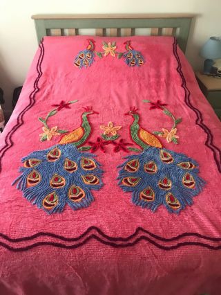 Vintage Chenille Peacock Bedspread 93 " X 100 "