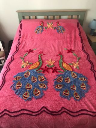 Vintage Chenille Peacock Bedspread 93 