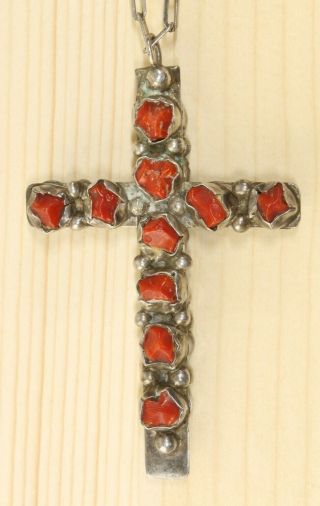 Vintage Sterling Silver Turquoise And Coral Cross Necklace 1013 - 2
