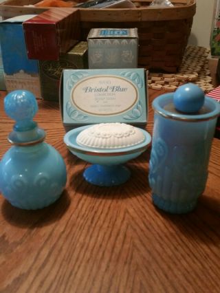 Vintage Avon " Bristol Blue " 3 Piece Set.  Soap Dish,  Cologne Bottle,  Skin So Soft