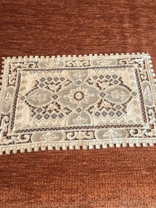 Vintage Embroidered Cut Work Cream Linen Table Runner,  8 Place Mats