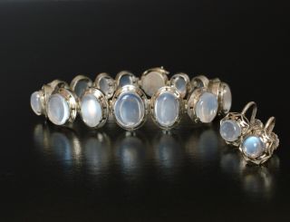 Antique Victorian Edwardian Sterling Silver Moonstone Bracelet Earrings