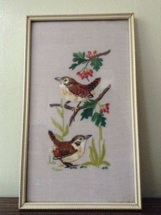 Vintage Hand Embroidered Framed Picture Birds And Berrys In Vintage Frame