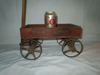 Vtg Antique Small Express Childs Pull Toy Wood Wagon Doll Paris Mfg Maine Wooden