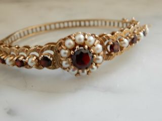 A Fabulous Heavy 9 Ct Gold Garnet And Cultured Pearl Cluster Bangle