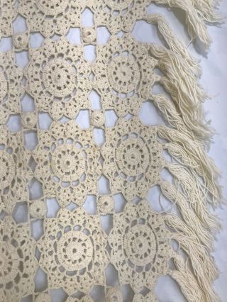 Vintage Hand Crochet Bedspread Coverlet With Fringe Cream Color,  Size 74 " X 84 "