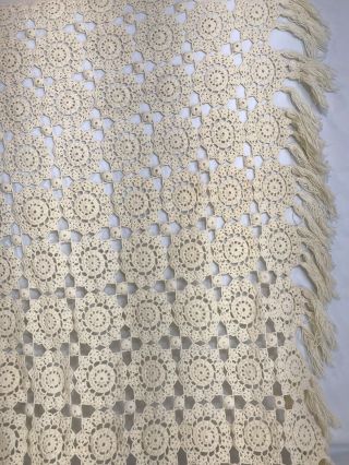 Vintage Hand Crochet Bedspread Coverlet with Fringe Cream Color,  Size 74 