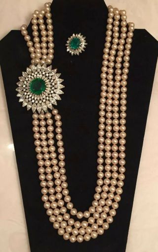 Rare Crown Trifari Faux Pearl Emerald Clear Rhinestone Necklace Gorgeous