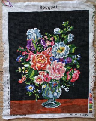 Vintage Bouquet Roses Flower Floral Vase Black Back Needlepoint Cross Stitch