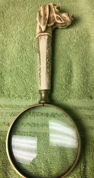 9 " Vintage Brass Magnifying Glass With Hand Carved Bone Hound Dog Face Handle