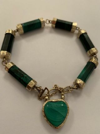 Fine Victorian 9ct Gold & Polished Malachite Bracelet With Heart Padlock