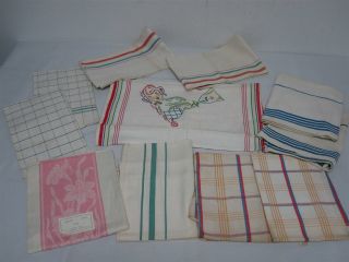 11 Vtg Linen Cotton Kitchen Dish Towels W Colorful Stripes,  Check,  Embroidery