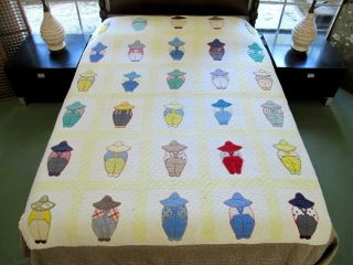 Vintage Feed Sack Hand Sewn Applique Overall Sam Quilt; 79 " X 60 " ; Cute