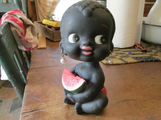 Vtg Ceramic Black Americana African Baby Bobble Head Bankwith Watermelon,
