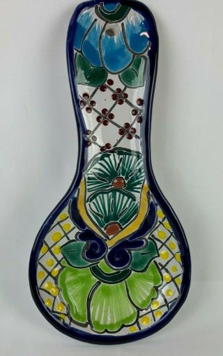 Spoon Rest Utensil Holder Mexican Talavera Ceramic Pottery Hand Painted Folk Art
