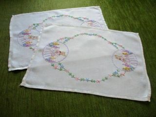 Rr.  Vintage Tray Cloths - Hand Embroidered Crinoline Ladies - Linen
