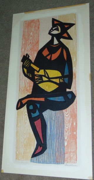 Mid Century Woodblock Print Irving Amen Listed Artist " Singing Man " Ltd Ed 53/60
