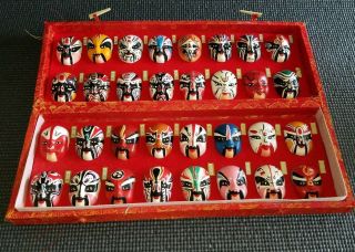 Set Of 32 Hand Painted Chinese (beijing) Opera Facial Makeup Miniature Masks Box