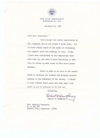 Letter Autograph Hubert Humphrey Vice Presient United States To Tennessee1968 P
