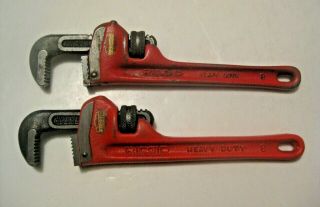 2 Vintage Ridgid Heavy Duty 8 " Adjustable Pipe Wrenches Tools Made In U.  S.  A.