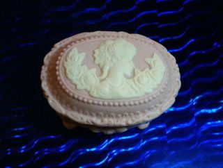 Pink Bisque Porcelain Victorian Oval Trinket Box W/ Lid Lady White Cameo Roses