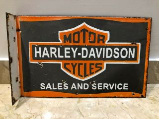 Harley - Davidson Sales And Service 2 Sided With Flange Porcelain Enamel Sign
